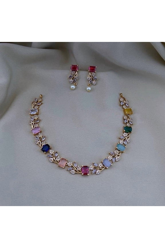 Cubic Zirconia Multicolor Stone AD Finish Choker Necklace with Changeable Stud Earrings Indian Bollywood Pakistani Gold Plated Jewelry Set