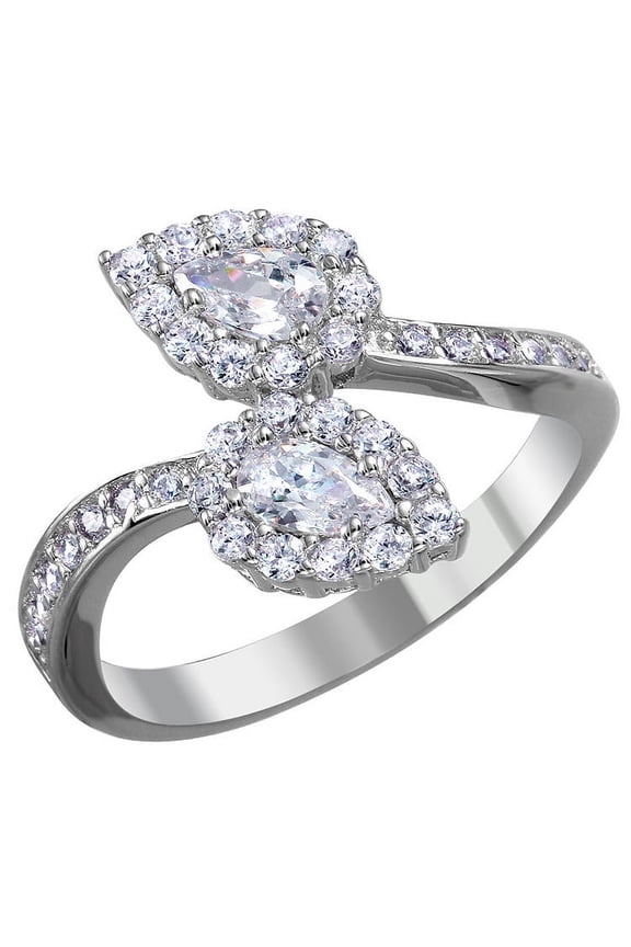 Cubic Zirconia Open End Teardrop Ring Rhodium Plated Sterling Silver Size 9