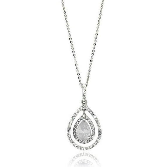 Cubic Zirconia Open Teardrop Center Necklace Rhodium Plated Sterling Silver