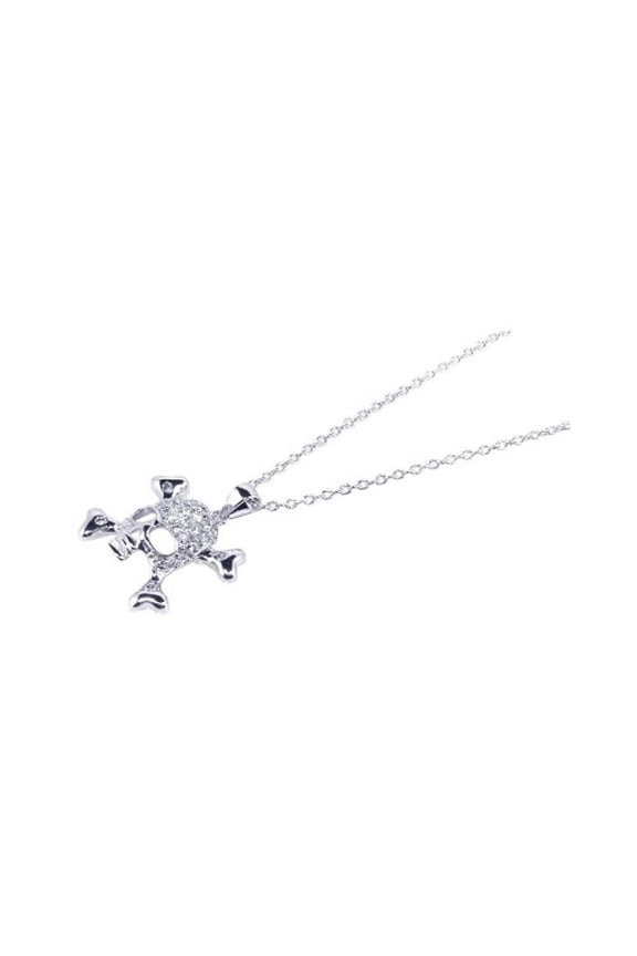 Cubic Zirconia Pave Set Skull Crossbones Necklace Rhodium Plated Sterling Silver