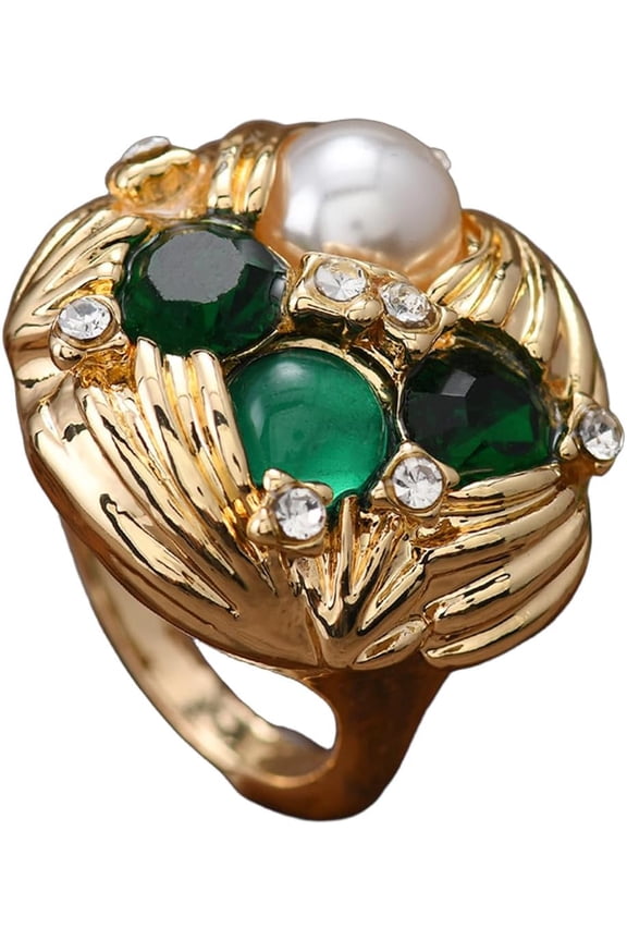 Cubic Zirconia Pearl Flower Statement Rings for Women Gold-Toned Crystal Shell Pearls Texture Open Band Wrap Finger Ring Adjustable Comfort Fit Engagement Wedding Jewelry for Christmas