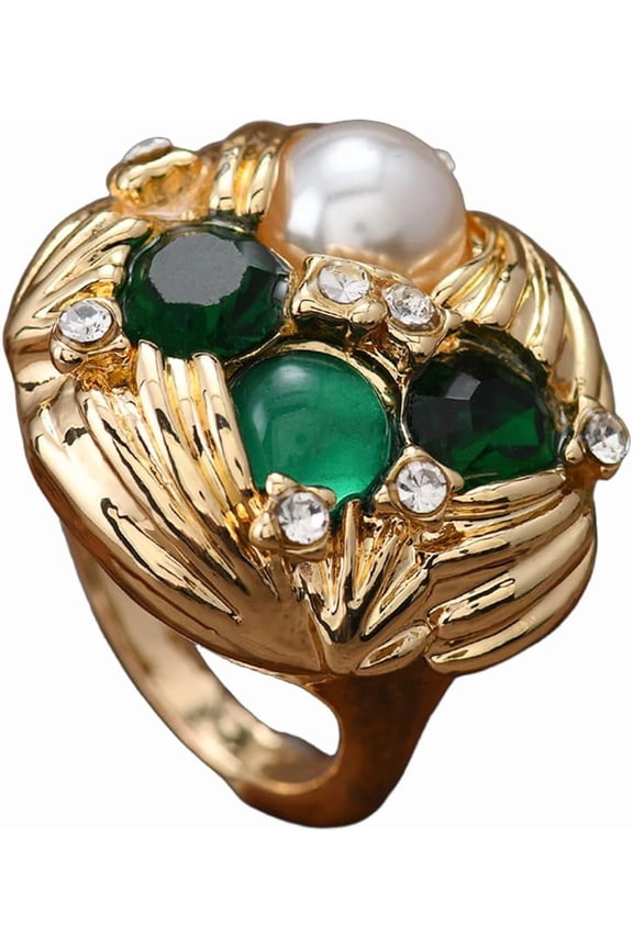 Cubic Zirconia Pearl Flower Statement Rings for Women Gold-Toned Crystal Shell Pearls Texture Open Band Wrap Finger Ring Adjustable Comfort Fit Engagement Wedding Jewelry for Christmas