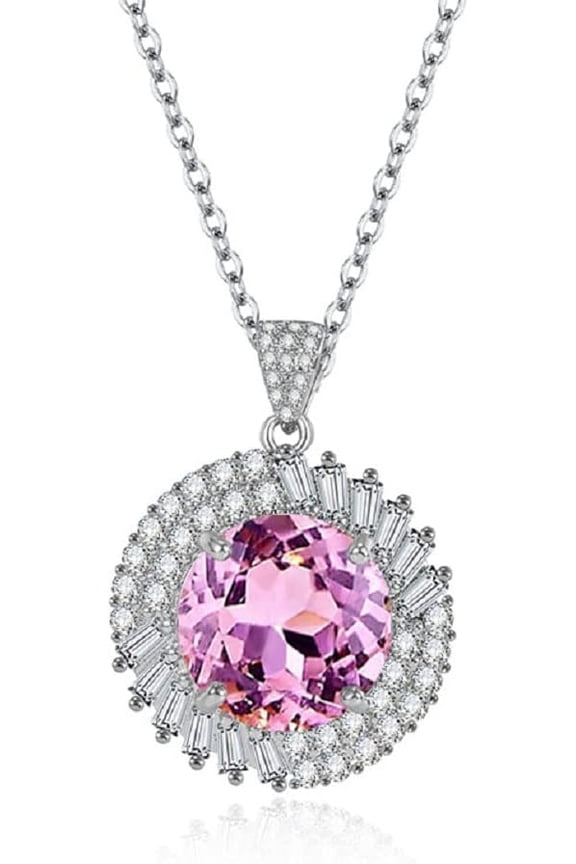 Cubic Zirconia Pendant Necklace Pink Round CZ Pendant Gemstone Crystal Necklace Silver Halo Necklace Solitaire Round Cut Diamond Cluster Wedding Anniversary