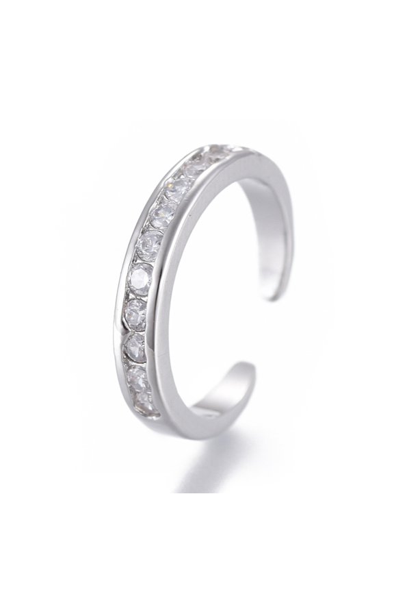Cubic Zirconia Polished Open-Ended Adjustable Open Cuff Ring Clear Silver R175