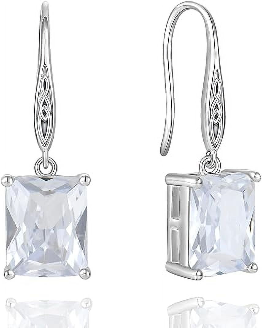Cubic Zirconia Rectangle Cut Earrings 925 Sterling Silver Celtic Knot Hook Dangle Earring 8X10mm Solitaire Gemstone Birthstone Irish Jewelry Valentine's Day Gift for Wife Women