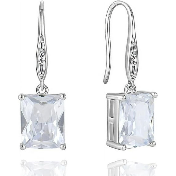 Cubic Zirconia Rectangle Cut Earrings 925 Sterling Silver Celtic Knot Hook Dangle Earring 8X10mm Solitaire Gemstone Birthstone Irish Jewelry Valentine's Day Gift for Wife Women