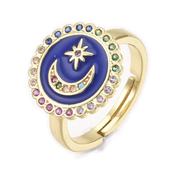 Cubic Zirconia Blue Ring Enamel Moon Star Statement Polished Comfort Fit Size 7 Adjustable 17mm P442