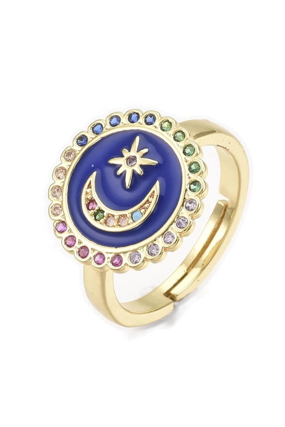 Cubic Zirconia Blue Ring Enamel Moon Star Statement Polished Comfort Fit Size 7 Adjustable 17mm P442