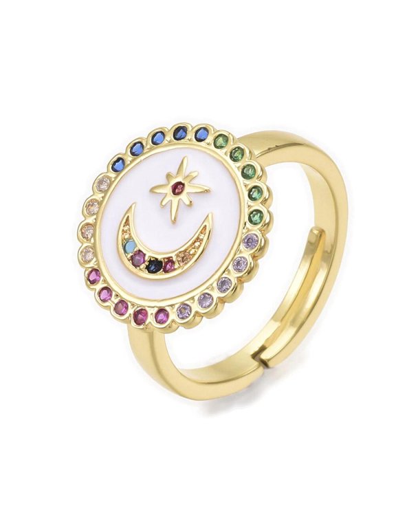 Cubic Zirconia Ring Enamel Moon Star Blue Red White Size 7 Adjustable 17Mm P442