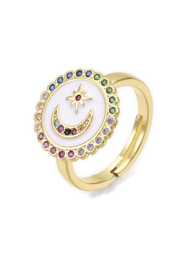 Cubic Zirconia Ring Enamel Moon Star Blue Red White Size 7 Adjustable 17Mm P442