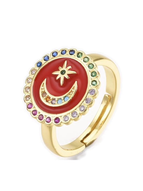 Cubic Zirconia Red Ring Enamel Moon Star Statement Polished Comfort Fit Size 7 Adjustable 17mm P442