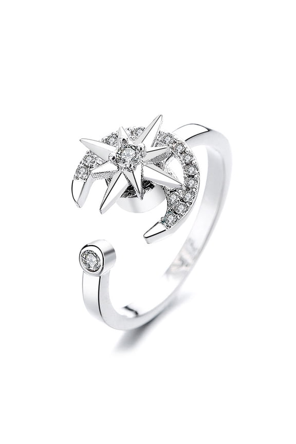 Cubic Zirconia Rotating Open Cuff Ring Platinum Brass Spinner Ring for Anxiety Stress Relief Star 2.1mm Size 8(18.1mm)