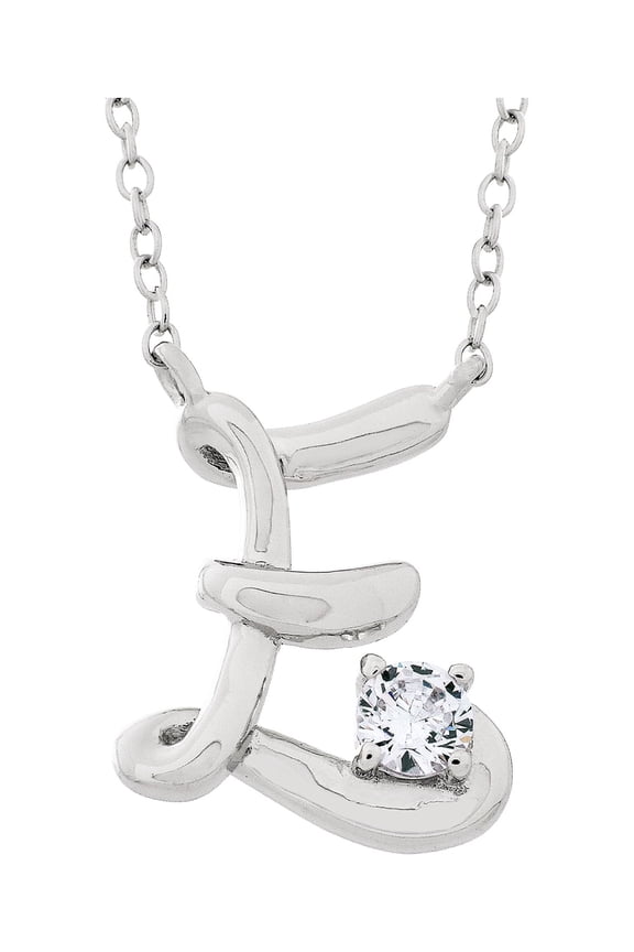 Cubic Zirconia Script Initial E Necklace 18 Inches in Sterling Silver