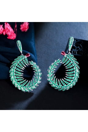 Cubic Zirconia Silver Plated CZ Pageant Dangle Drop Green Earrings for Brides