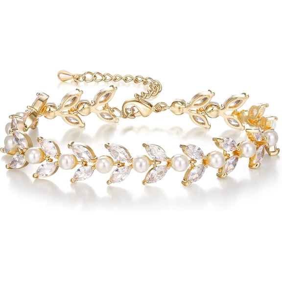Cubic Zirconia Simulated Pearl Bridal Wedding Leaf Filigree Tennis Bracelet for Brides Bridesmaid Birthday Mothers Christmas Valentines Day Jewelry Gifts for Women