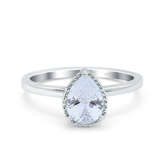 Cubic Zirconia Size-10 Art Deco Solitaire Accent Pear Wedding Ring 925 Silver