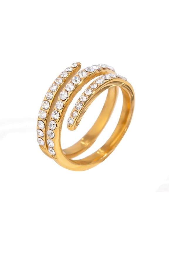 Cubic Zirconia Spiral Ring for Women 18K Gold Plated Stainless Steel Twist Band Stackable Statement Eternity Ring Hypoallergenic Cocktail Party Jewelry Size 7 Comfort Fit