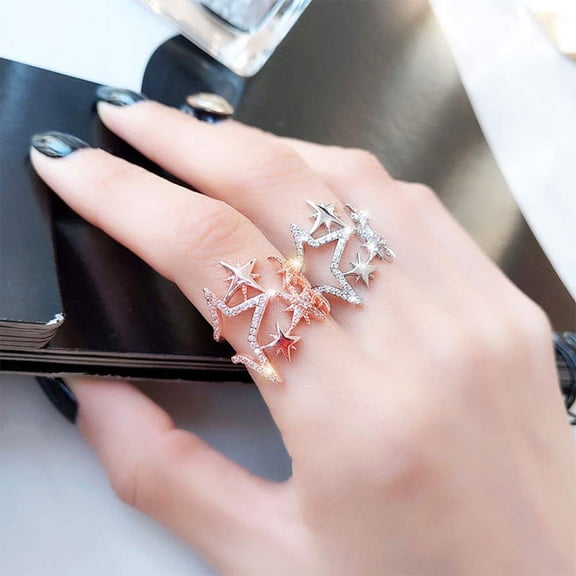 Cubic Zirconia Star Ring Sparkling Hollow Crystal Star Index Joint Knuckle Ring Wedding Jewelry for Women(Silver)