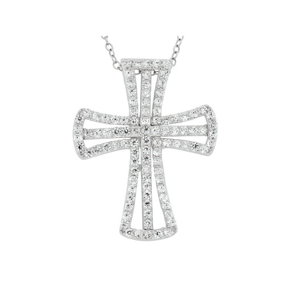 Cubic Zirconia Sterling Silver Modern Cross Pendant, 18"