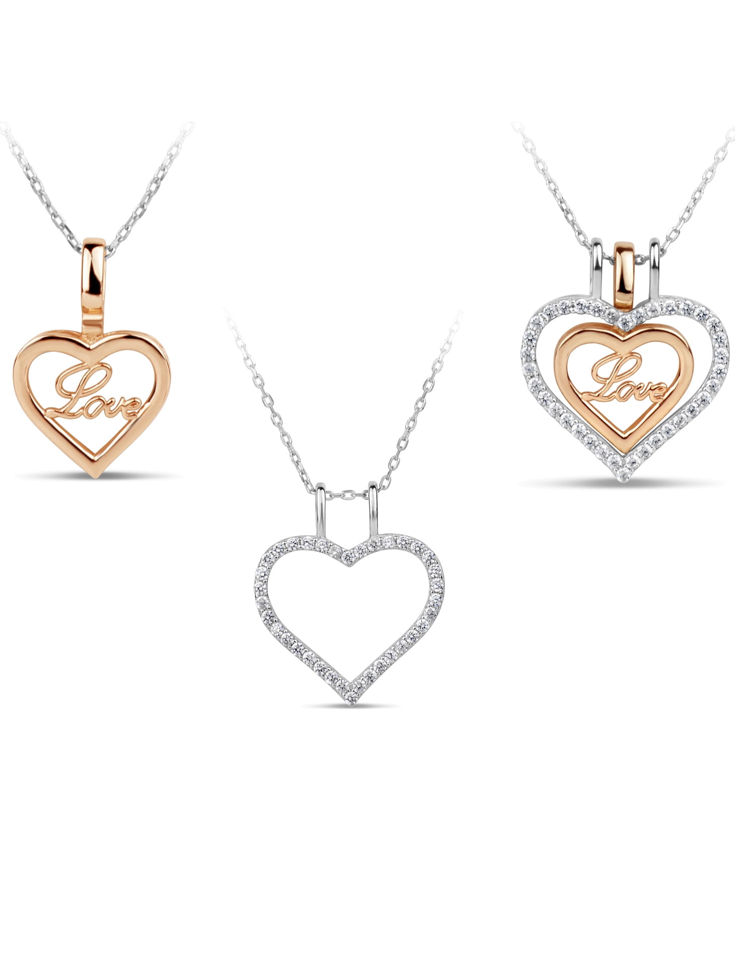 Cubic Zirconia Sterling Silver and Rose Gold Plated Interchangeable Heart with Love Heart Necklace, 18"