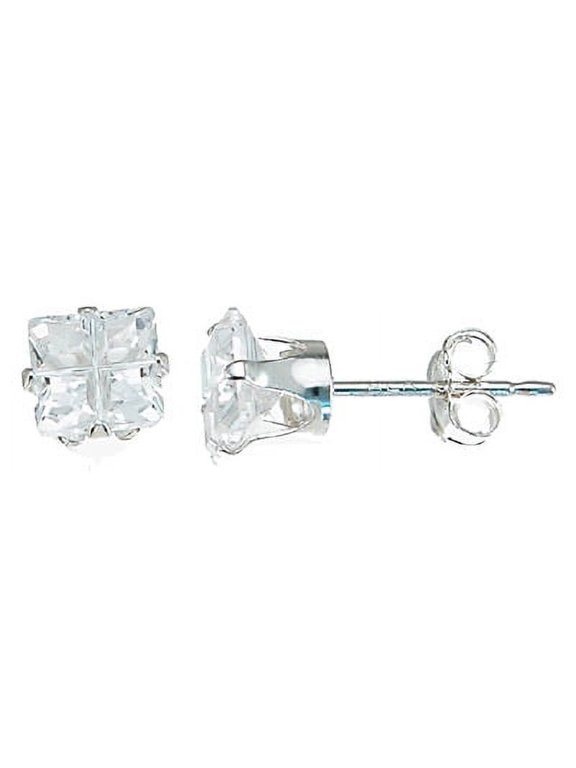 Cubic Zirconia Stud Earrings For Women Makes Unique Birthday Gift For Girlfriend, Princess Cut Sterling Silver Stud Earrings