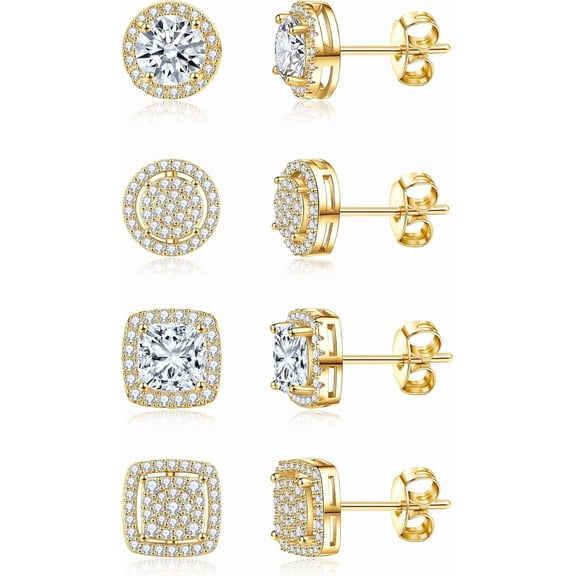 Cubic Zirconia Stud Earrings for Women Men 14K Gold Plated Halo Stud Earrings Hypoallergenic Earrings CZ Halo Stud Earrings for Sensitive Ears
