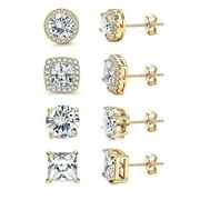 KRKC&CO 4 Pairs Cubic Zirconia Stud Earrings for Women Men, 14K Gold Plated Hypoallergenic Sterling Silver Post Earrings, Big Brilliant Simulated Diamond CZ Halo Stud Earrings for Sensitive Ears