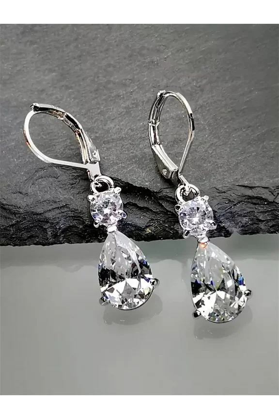 Cubic Zirconia Teardrop Dangle Earrings Silver-2 Lever-Back