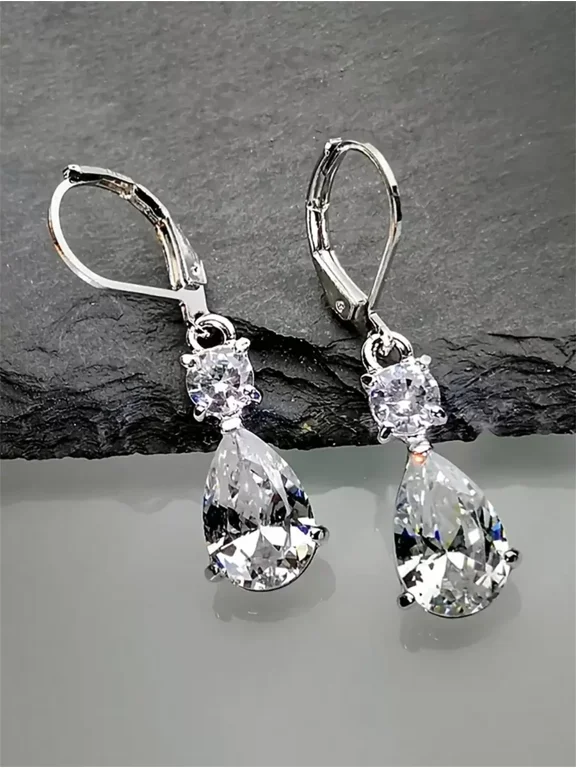 Cubic Zirconia Teardrop Dangle Earrings Silver-2 Lever-Back
