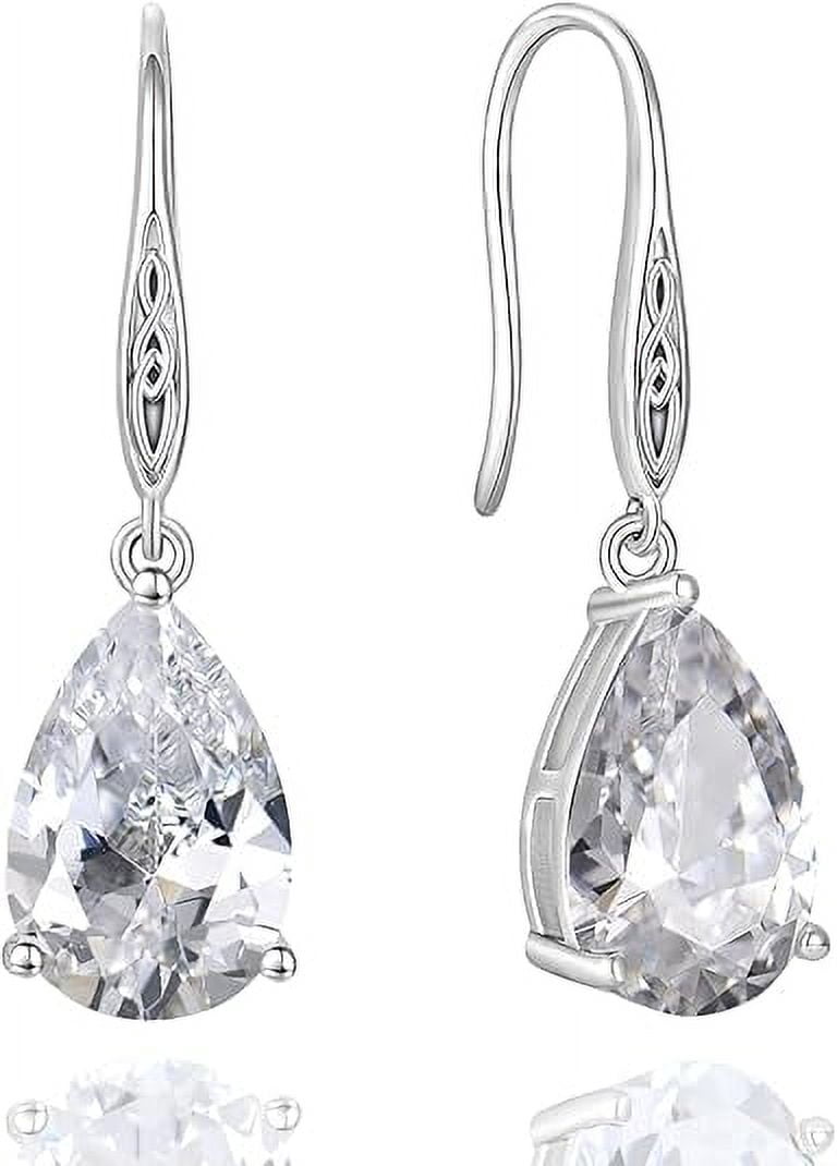 Cubic Zirconia Teardrop Earrings 925 Sterling Silver Celtic Knot Hook Dangle Earring 8X12mm Solitaire Gemstone Birthstone Irish Jewelry Valentine's Day Gift for Wife Women