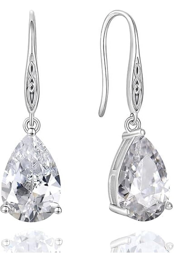 Cubic Zirconia Teardrop Earrings 925 Sterling Silver Celtic Knot Hook Dangle Earring 8X12mm Solitaire Gemstone Birthstone Irish Jewelry Valentine's Day Gift for Wife Women
