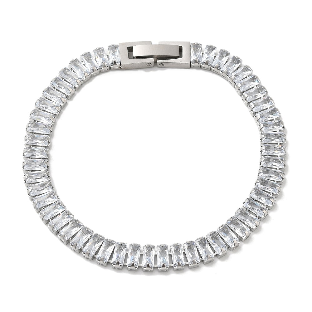 ANATTASOUL Cubic Zirconia Tennis Bracelet 304 Stainless Steel Rectangle Link Chain Bracelet Clear 6-1/2~6-3/4 inch(16.5~17.2cm)