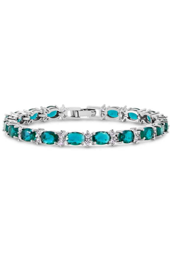 Tennis Bracelet Simulated Aquamarine 7x5 mm Oval & 2 mm Round Accents Silver Plated Brass Women 6.5 inch