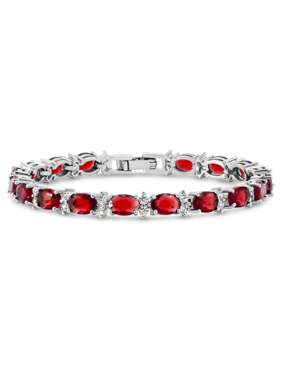 Tennis Bracelet Simulated Red Ruby 7x5 mm Oval & 2 mm Round Accents Silver Plated Brass Women 8 inch