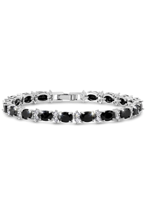 Tennis Bracelet Black Cubic Zirconia 7x5 mm Oval & 2 mm Round Accents Silver Plated Brass Women 8 inch