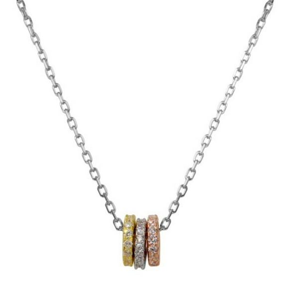 Cubic Zirconia Tri Toned Mechanic Ring Necklace Rhodium Plated Sterling Silver