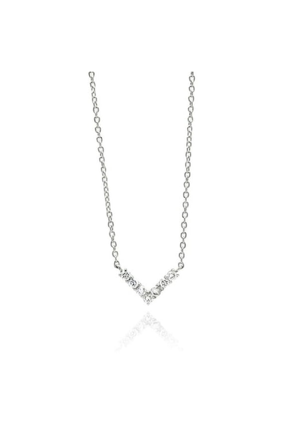 Cubic Zirconia V Inverted Encrusted Chevron Necklace Rhodium Plated Sterling Silver