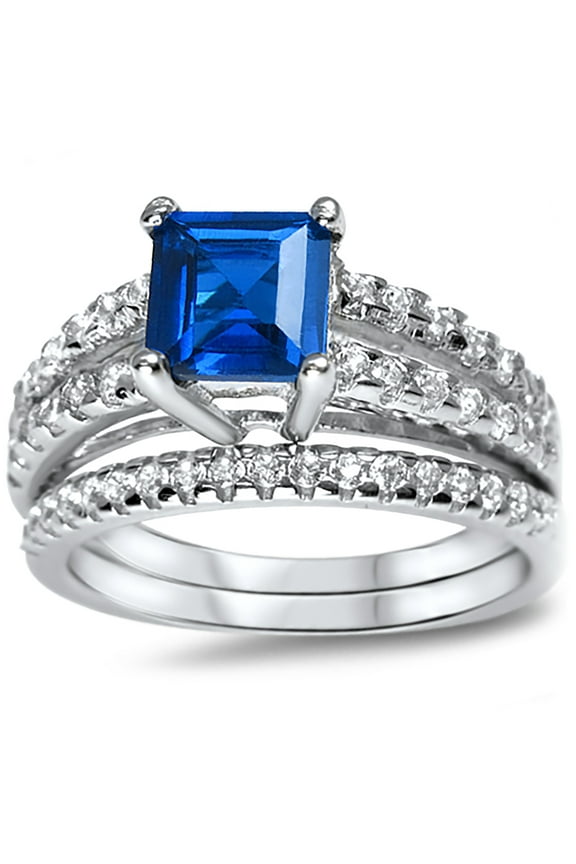 Simulated Sapphire Blue Wedding Engagement Ring Set Silver for Women Size 5