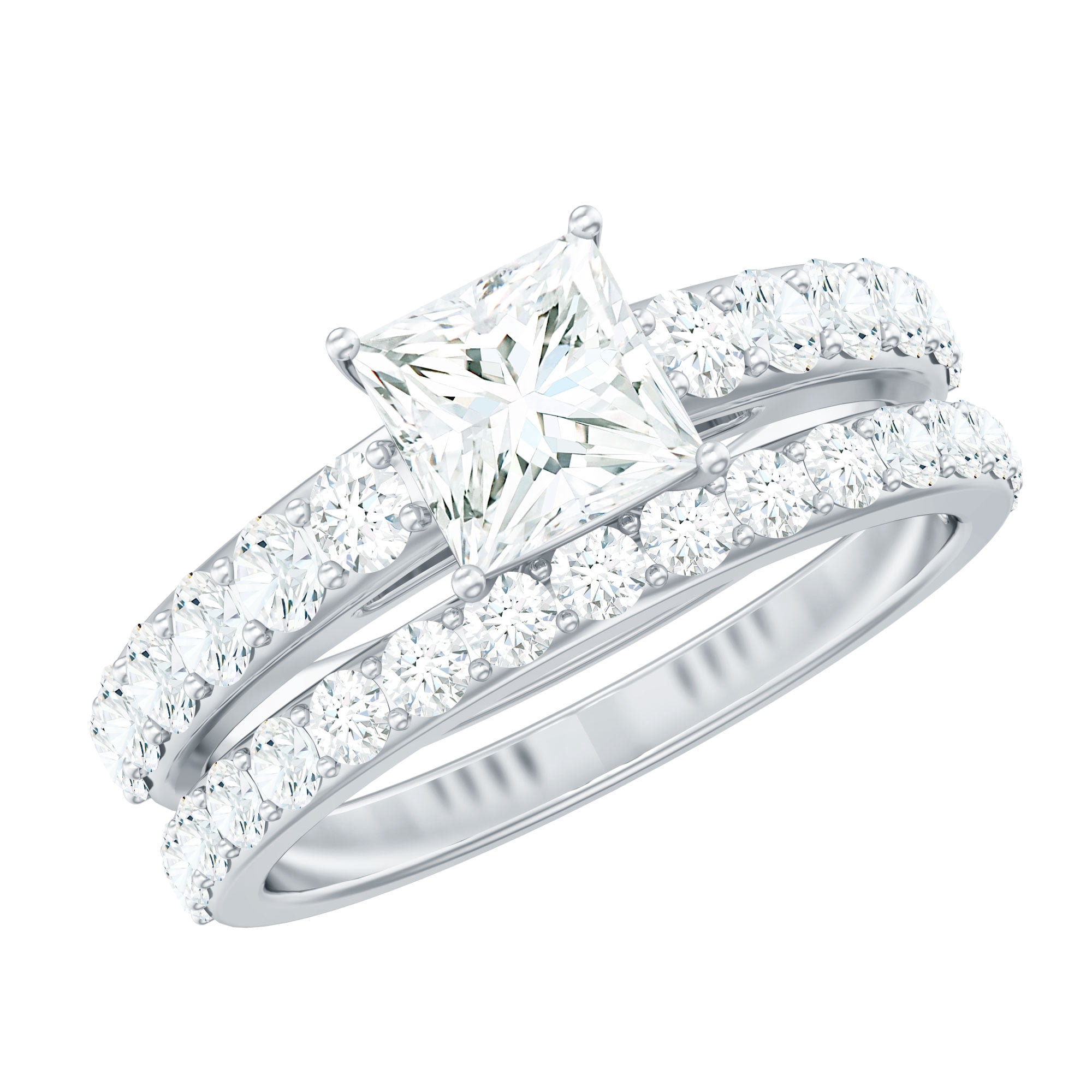 Rosec Jewels Cubic Zirconia Wedding Ring Set for Bride - 1 Carat Princess Cut Engagement Ring with Enhancer - Jewelry Box Included, 10K White Gold, US 13.00