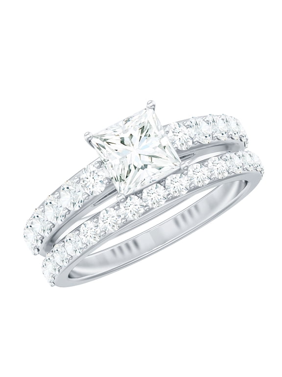 Cubic Zirconia Wedding Ring Set for Bride - 1 Carat Princess Cut Engagement Ring with Band - Jewelry Box Included, 10K White Gold, US 8.00