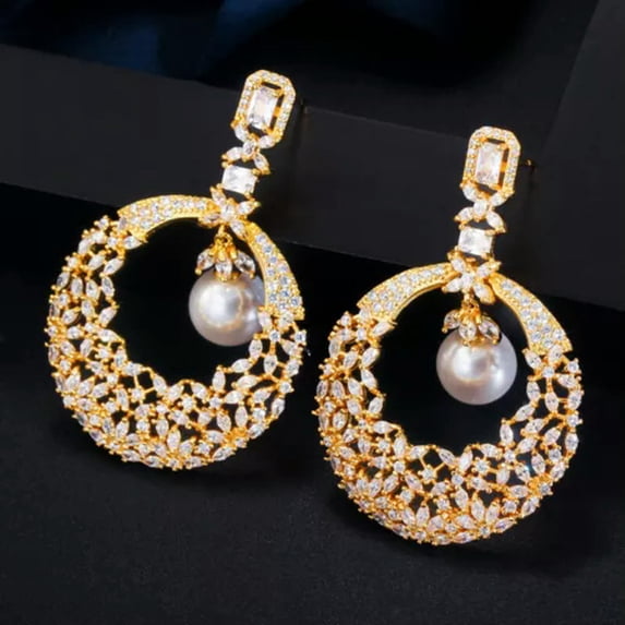 Cubic Zirconia Yellow Gold 925 Silver Long Pearl Dangle Drop Wedding Earrings