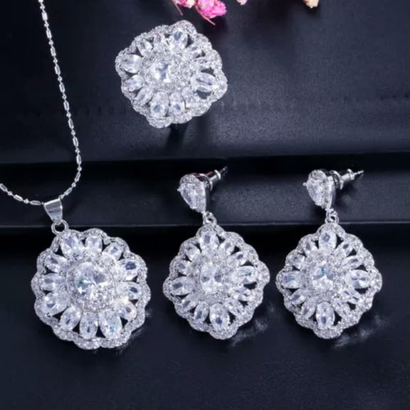 Cubic Zirconia Yellow Necklace Earrings Ring Silver Plated Jewelry Set for Women