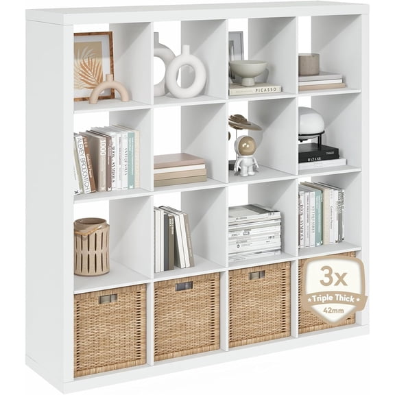 Cubicle Book Shelf, 16-Cube Bookshelf, Triple Thick Frame Cube Storage Organizer, 1.65" Bookcase, 15.4 x 57.4 x 56.9, for Home Office, Living Room, Plain White