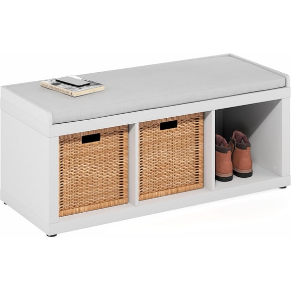 Cubicle Storage Bench, Shoe Bench with Padded Seat Cushion, 3-Cube Open Shelves Entryway Bench, for Closet, Entryway, Living Room, White