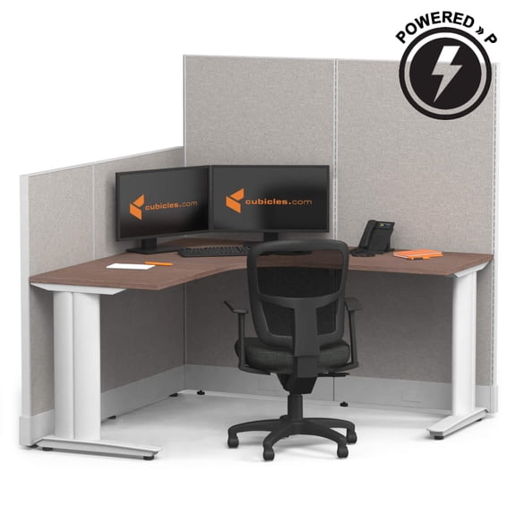 Cubicles.com L-Shaped Premium Office Cubicles | 5x5 Powered Modular Cubicle Desk Workstation with Panels, Storage & Steel Frame, Commercial Office Setup, Medium Tone Desk Silver Paint, Self-Assembly