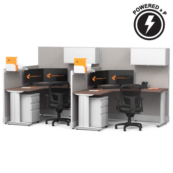 Cubicles.com L Shaped Workstation 2 pack Inline, 5x5 Powered Premium Office Cubicle |Modular Desk with Panels, Storage & Steel Frame, Medium Tone Desk White Paint, Self-Assembly