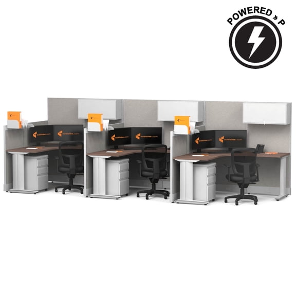 Cubicles.com L Shaped Workstation 3 Person Inline, 5x5 Powered Premium Office Cubicle |Modular Desk with Panels, Storage & Steel Frame, Medium Tone Desk Silver Paint, Self-Assembly