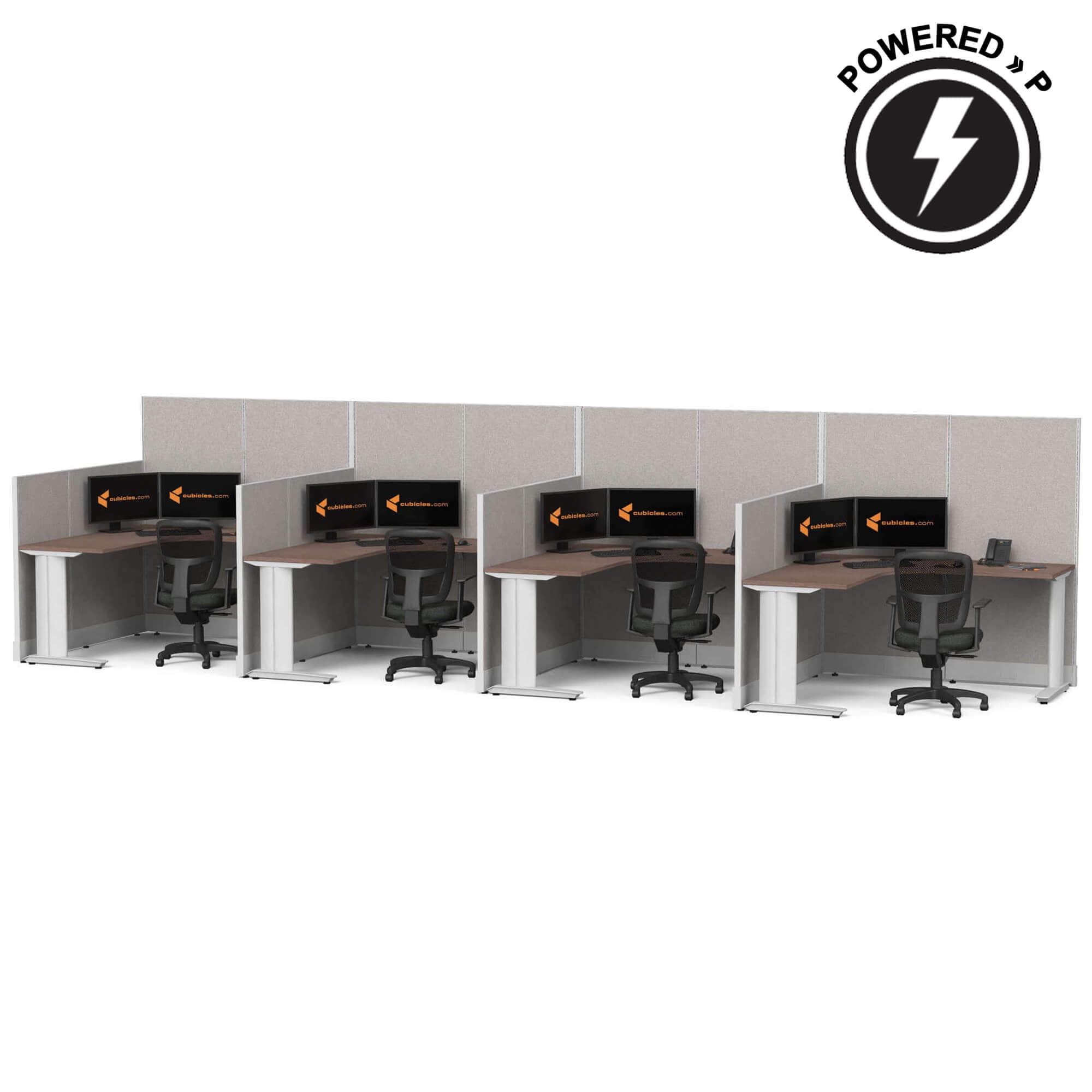 Cubicles.com L Shaped Workstation 4pack Inline, 5x5 Powered Premium Office Cubicle |Modular Desk with Panels, Steel Frame, White Desk White Paint, With Assembly