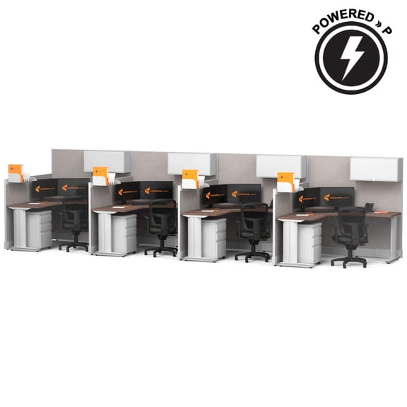 Cubicles.com L Shaped Workstation 4pack Inline, 5x5 Powered Premium Office Cubicle |Modular Desk with Panels, Storage & Steel Frame, White Desk Silver Paint, Self-Assembly