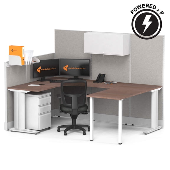 CubiclesDotcom U-Shaped Powered Workstation 5' x 7' Modular Office Cubicle with Storage & Privacy Panels, Powder-Coated Steel Frame Office Desk, Self-Assembly, Dark Tone Desk Silver Paint